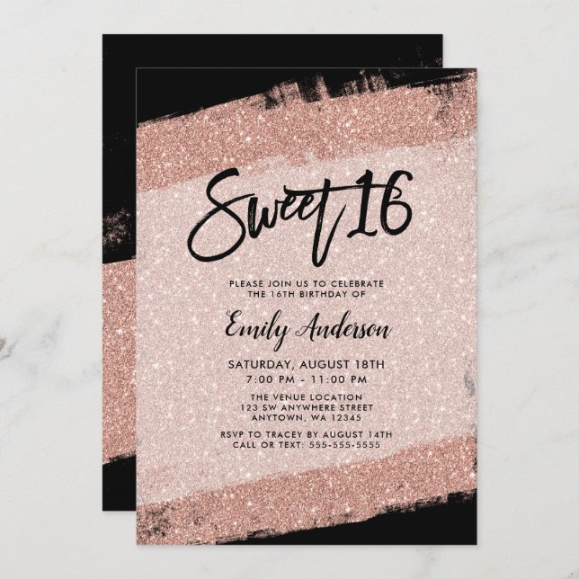 Rose Gold Black Faux Glitter Brush Sweet 16 Invitation (Front/Back)