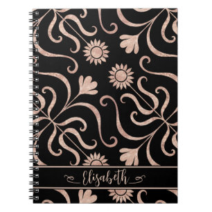 Rose Gold & Black Floral Damask Sunflower Classy Notebook