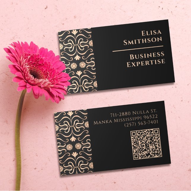 Rose Gold & Black Floral Folk Art Elegant Feminine Business Card (Creator Uploaded)