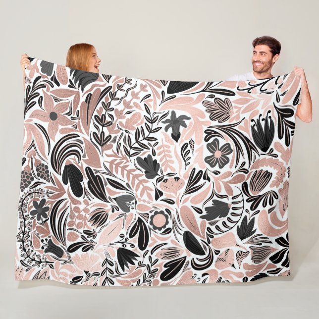 Rose Gold Black Floral Leaf Illustration Pattern Fleece Blanket (In Situ)