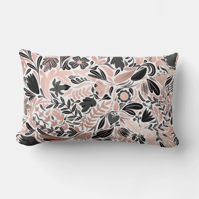 Rose Gold Black Floral Leaf Illustration Pattern Lumbar Cushion (Front)