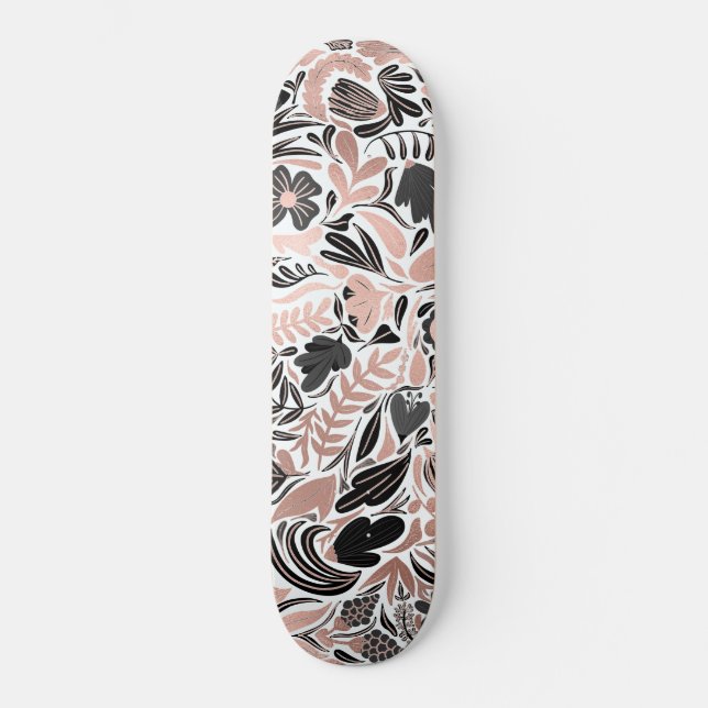 Rose Gold Black Floral Leaf Illustration Pattern Skateboard (Front)