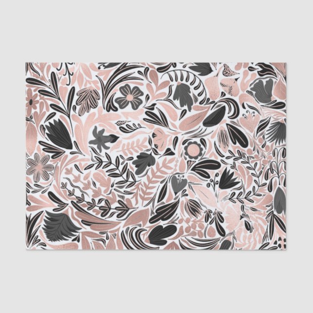 Rose Gold Black Floral Leaf Illustration Pattern Tissue Paper (Front)