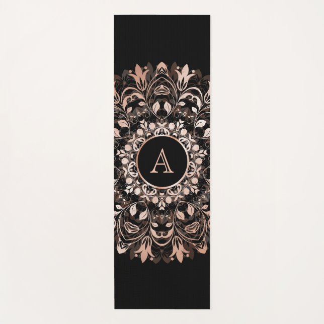 Rose Gold Black Floral Mandala Monogram Yoga Mat (Front)