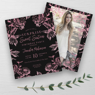 Rose Gold Black Floral SURPRISE Sweet 16 Invite