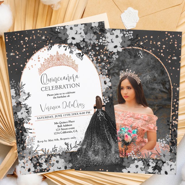 Rose gold black floral tiara princess Quinceanera Invitation (Creator Uploaded)