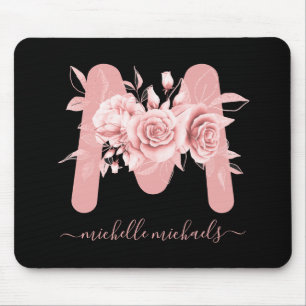 Rose Gold Black Floral Watercolor Monogram Mouse Pad