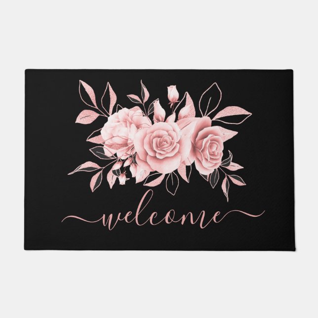Rose Gold Black Floral Watercolor "Welcome" Doormat (Front)