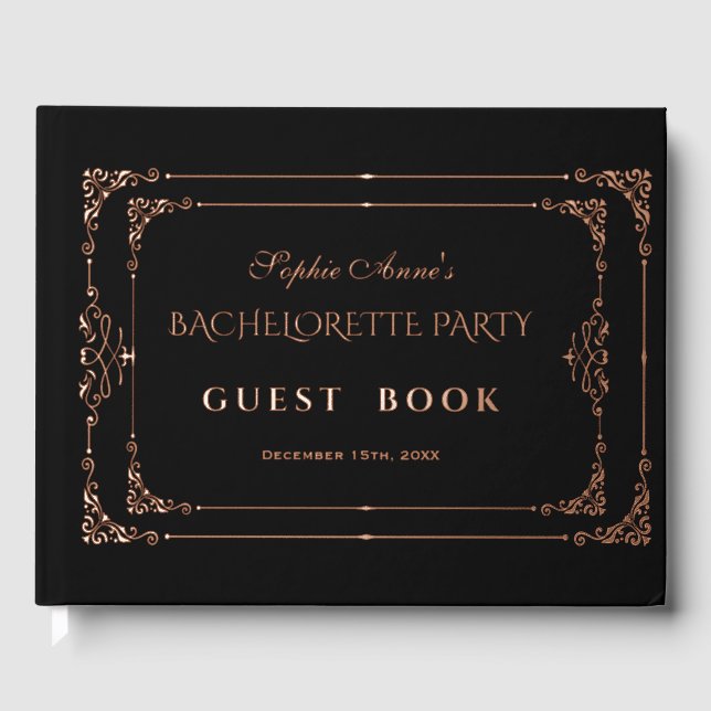 Rose Gold Black Flourish Frame Bachelorette Party Guest Book (Front)