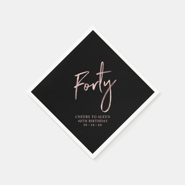 Rose Gold & Black Forty Adult 40th Birthday Party Napkin (Corner)