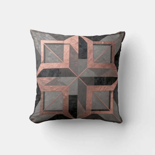 Rose Gold Black Geometric Marble Cushion (Front)