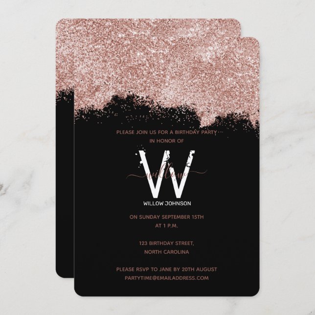 Rose Gold Black Girly Glitter Any Year Birthday Invitation (Front/Back)