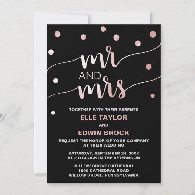 Rose Gold & Black Glam Confetti Mr and Mrs Wedding Invitation (Front)