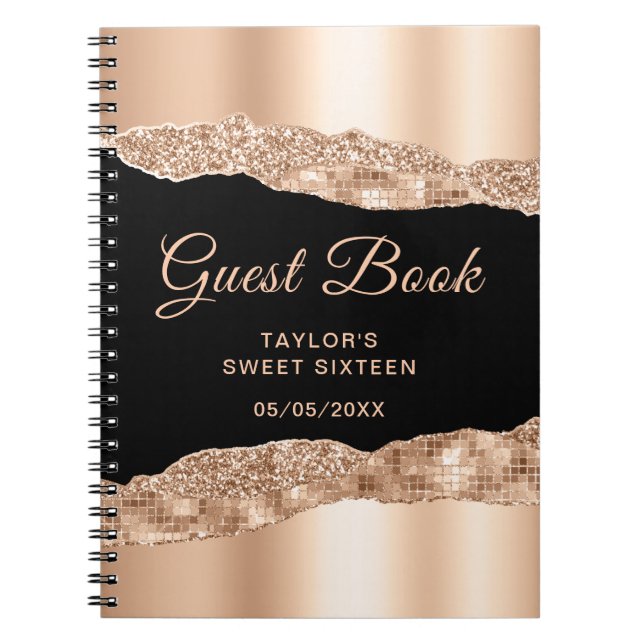 Rose Gold Black Glam Tear Sweet Sixteen Guest Book (Front)