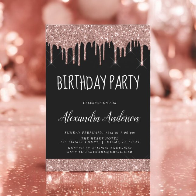 Rose Gold Black Glitter Any Age Birthday Invitation (Creator Uploaded)