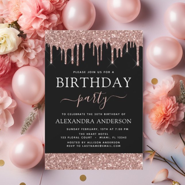 Rose Gold Black Glitter Any Age Birthday Invitation (Creator Uploaded)
