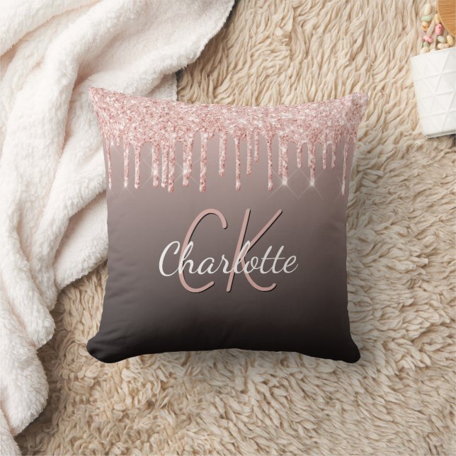 Rose gold black glitter drips monogram name cushion (Blanket)