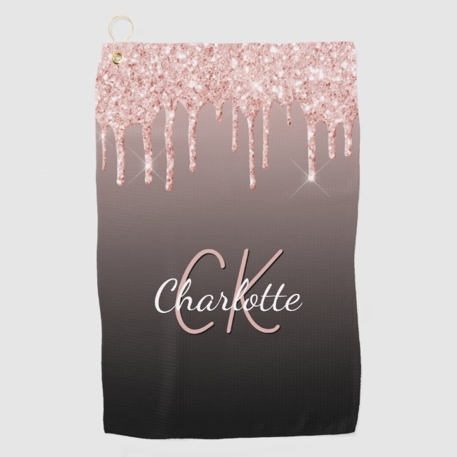 Rose gold black glitter drips monogram name golf towel (Front)
