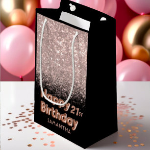 Rose Gold & Black Glitter Happy Birthday Any Age Small Gift Bag