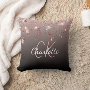 Rose gold black glitter stars custom monogram name cushion