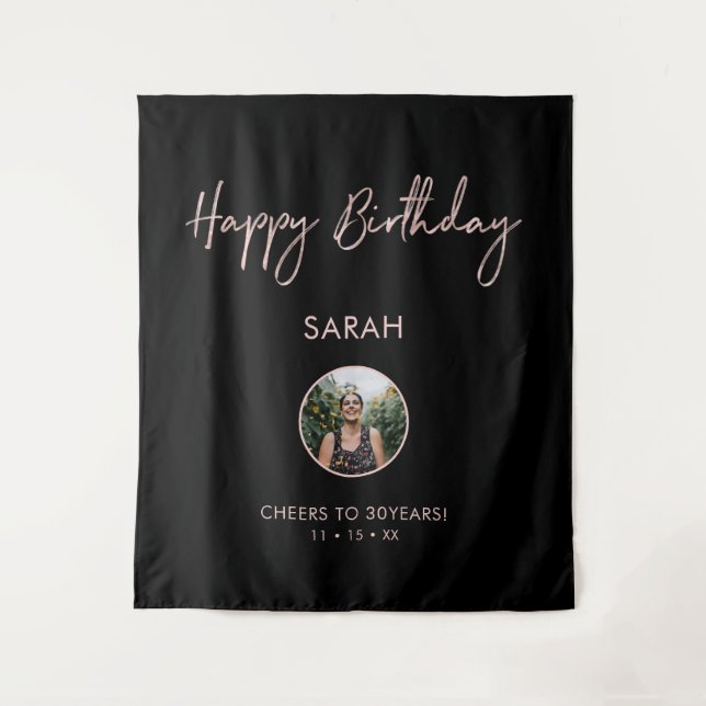 Rose gold & Black Happy Birthday Photo Backdrop Tapestry (Front)