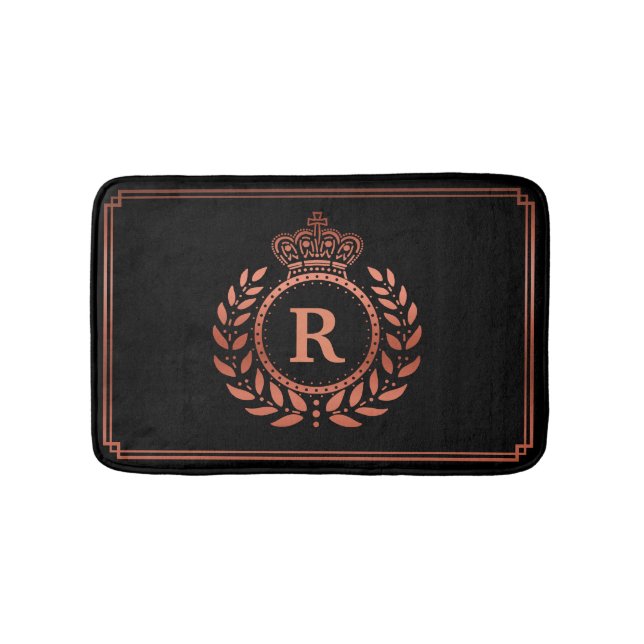 Rose Gold Black Laurel Wreath Crown Monogrammed Bath Mat (Front)