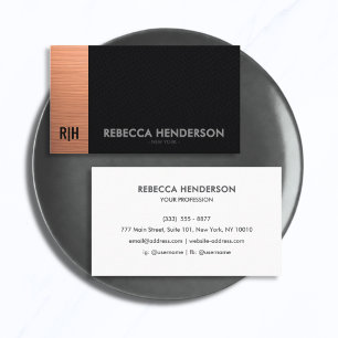 Rose Gold Black Leather with White Back Monogram  Business Card