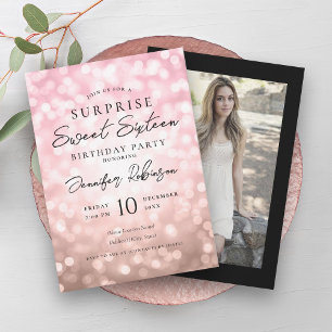 Rose Gold Black Lights Photo SURPRISE Sweet 16   Invitation