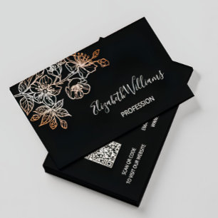 Rose Gold Black Line Art Floral    QR Code Business Card