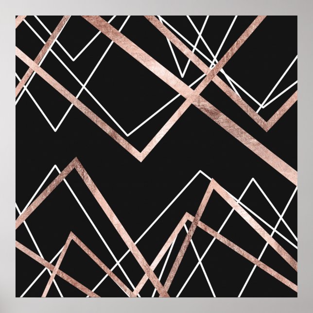 Rose Gold Black Linear Triangle Abstract Pattern Poster (Front)
