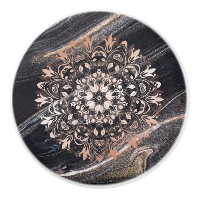 Rose Gold Black Marble Floral Mandala  Ceramic Knob (Front)