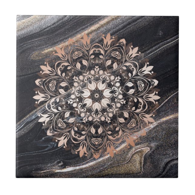 Rose Gold Black Marble Floral Mandala  Tile (Front)