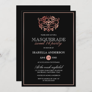 Rose Gold & Black Masquerade Sweet 16 Typography Invitation
