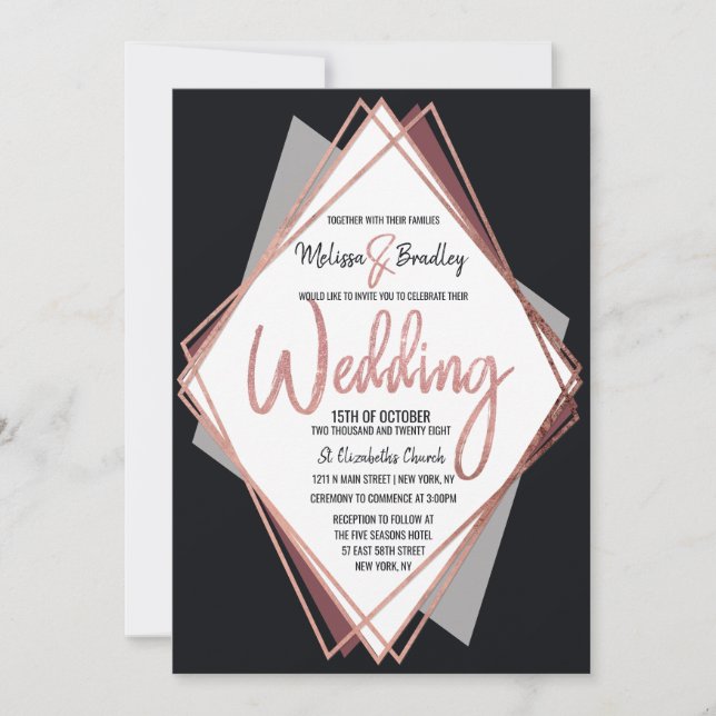 Rose Gold Black Mauve Grey Geometric Wedding Invitation (Front)