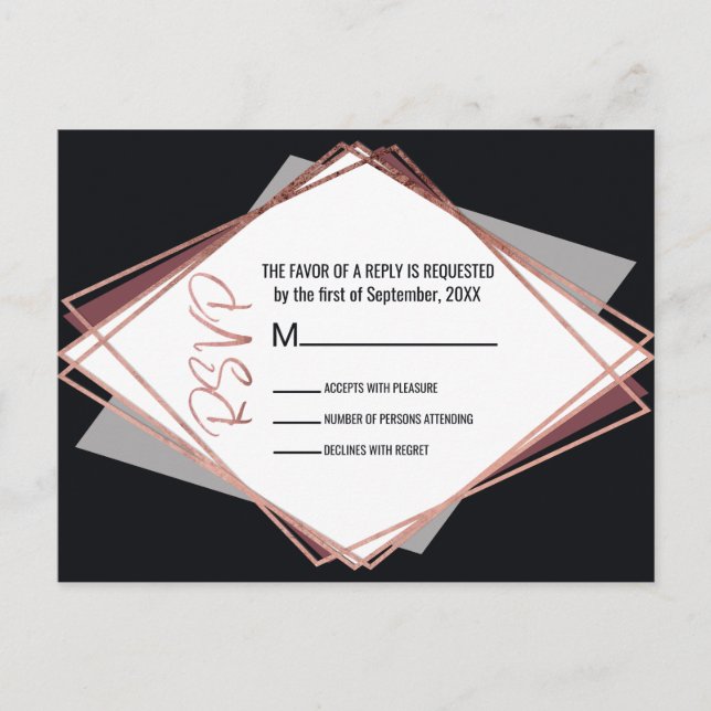Rose Gold Black Mauve Grey Geometric Wedding RSVP Invitation Postcard (Front)
