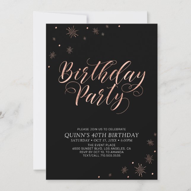 Rose Gold & Black Modern Chic Adult Birthday Party Invitation (Front)