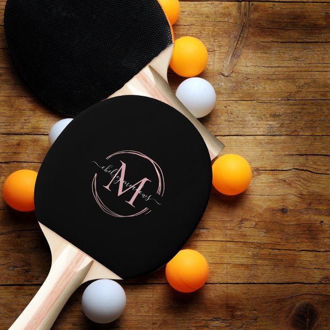 Rose Gold Black Monogram Calligraphy Script Name Ping Pong Paddle (Creator Uploaded)