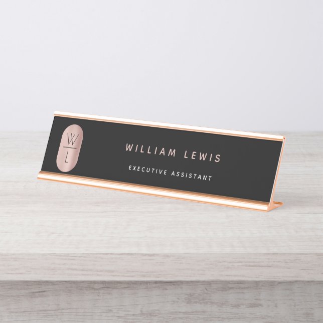 Rose Gold & Black Monogram Modern Minimalist Desk Name Plate (Front)