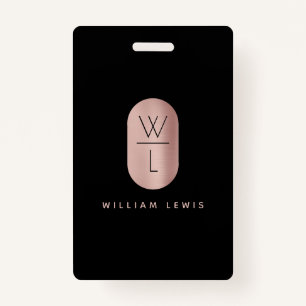 Rose Gold & Black Monogram Modern Minimalist ID Badge