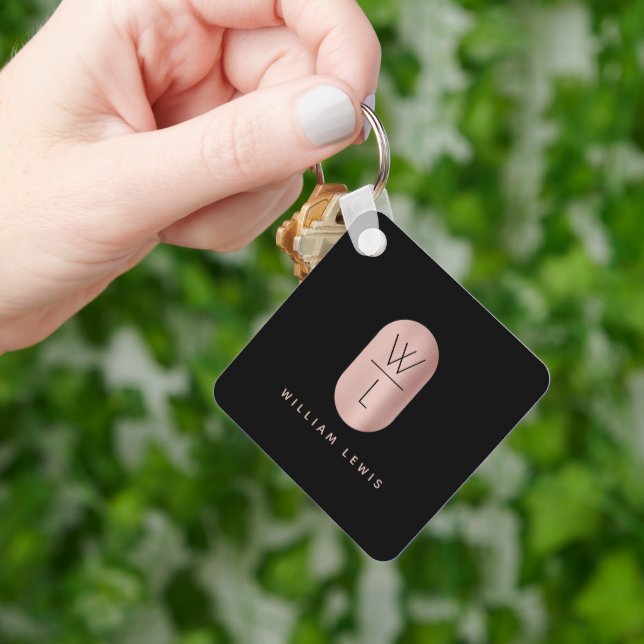 Rose Gold & Black Monogram Modern Minimalist Key Ring (Hand)