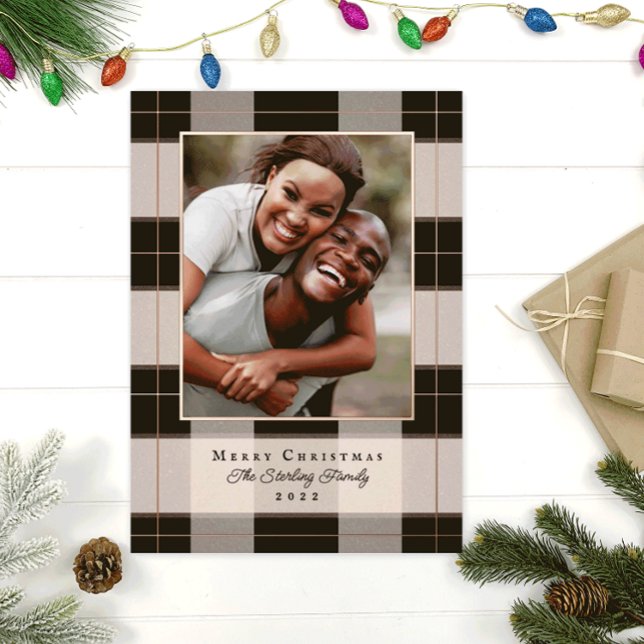 Rose Gold & Black Plaid Foil Holiday Photo Card (Creator Uploaded)