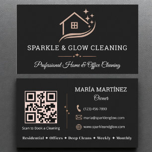 Rose Gold Black QR Code Cleaning Service House Business Card