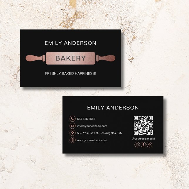 Rose Gold Black Rolling Pin Bakery QR Code Business Card (Rose Gold Black Rolling Pin Bakery QR Code Business Card)