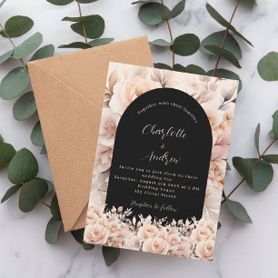 Rose gold black roses floral arch elegant wedding invitation