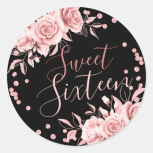 Rose Gold Black Sweet 16 Birthday Floral Glitter Classic Round Sticker