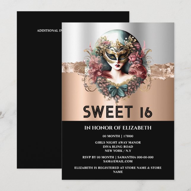 Rose gold black sweet 16 girls masquerade mask invitation (Front/Back)