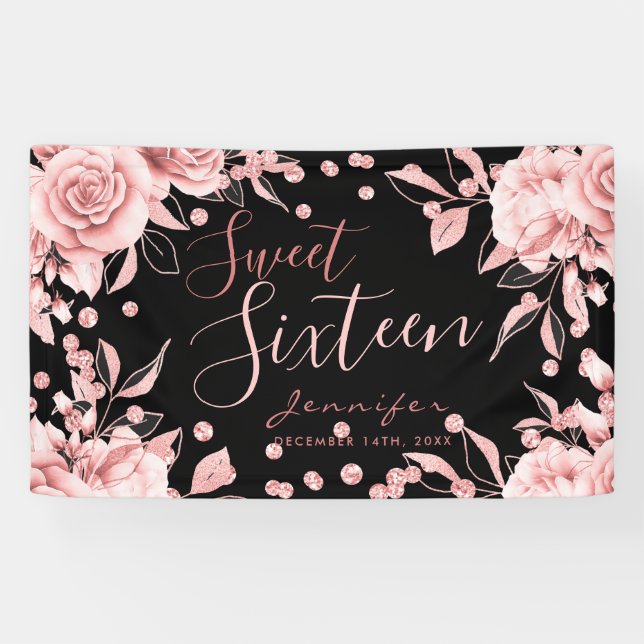 Rose Gold Black Sweet 16 Glitter Confetti Floral Banner (Horizontal)