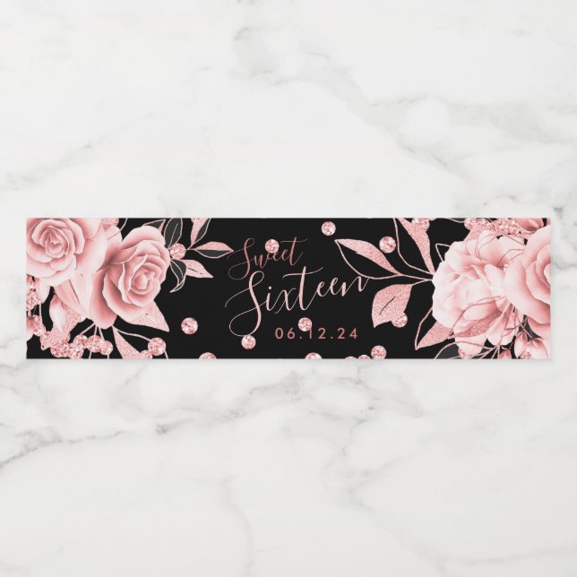 Rose Gold Black Sweet 16 Glitter Confetti Floral Water Bottle Label (Single Label)