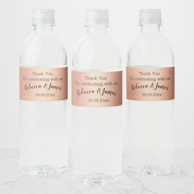 Rose Gold Black Thank You Wedding Party Water Bottle Label (Bottles)