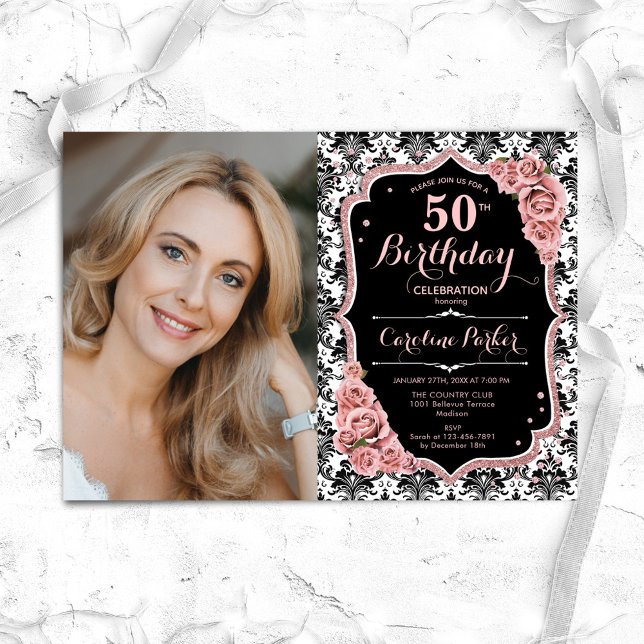 Rose Gold Black White Damask Photo 50th Birthday Invitation (Creator Uploaded)